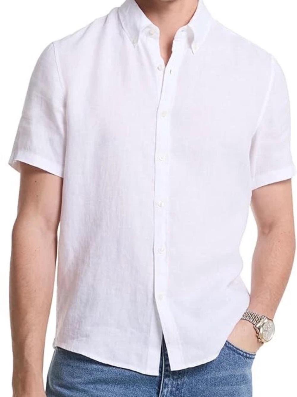 Michael Kors Men's White Short-Sleeve Linen Slim Fit Button-Down Shirt - Medium